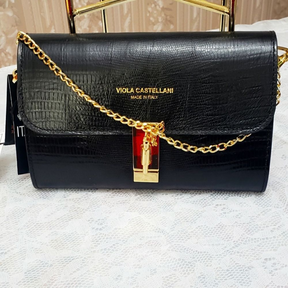 Viola Castellani Black Croc-Texture Chain Clutch